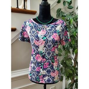 Rafaella Women's Floral Polyester Round Neck Short Sleeve Casual Top Blouse L